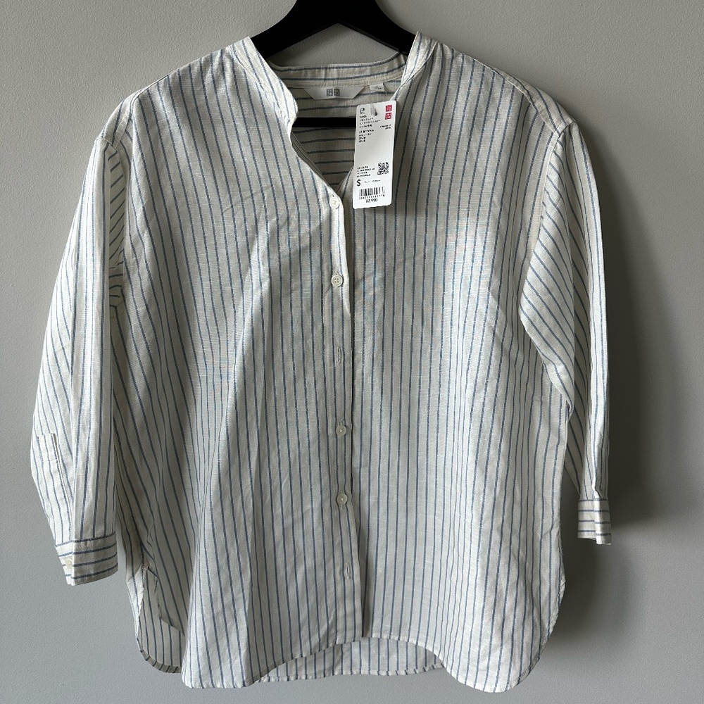 NWT Uniqlo Linen Blend Band Collar Striped 3/4-Sleeve Shirt